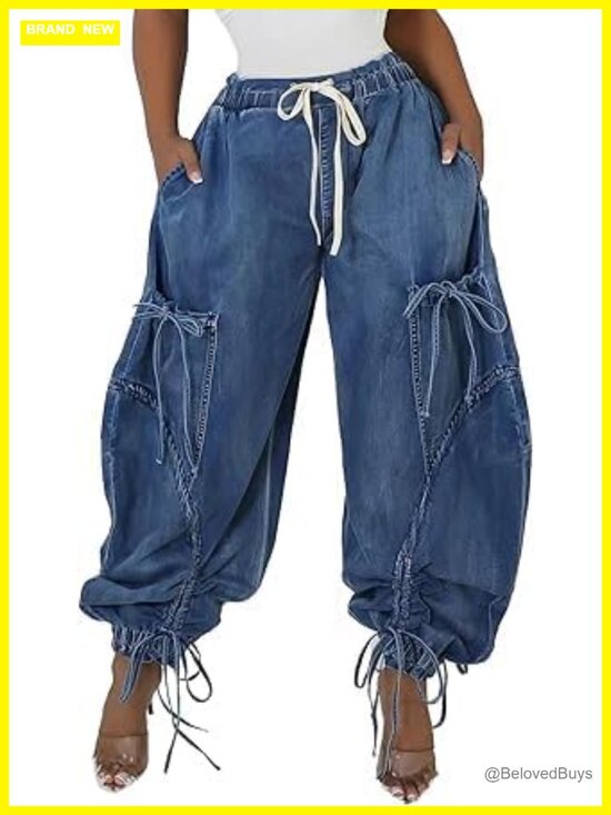 Pants - Baggy Cargo Jeans Joggers Drawstring High Waist Loose Wide Leg Denim Pants with